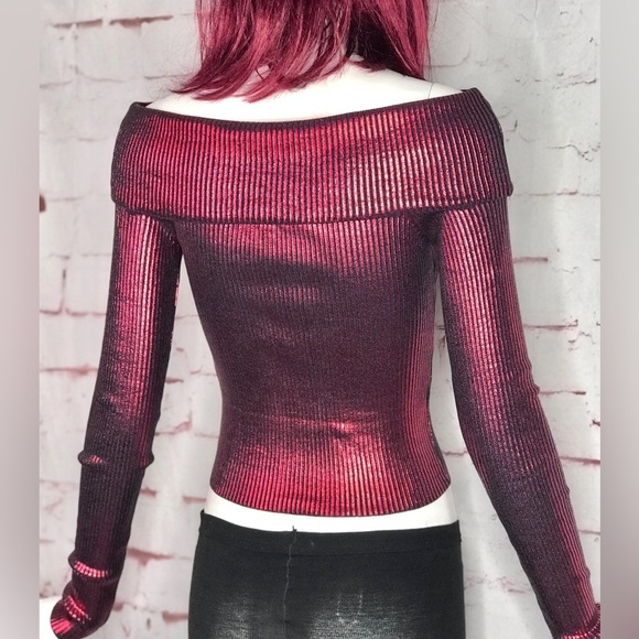 ZARA XS Off the Shoulder Metallic Red & Grey Foil Knit Stretch Top NEW WITH TAG - Picture 3 of 15